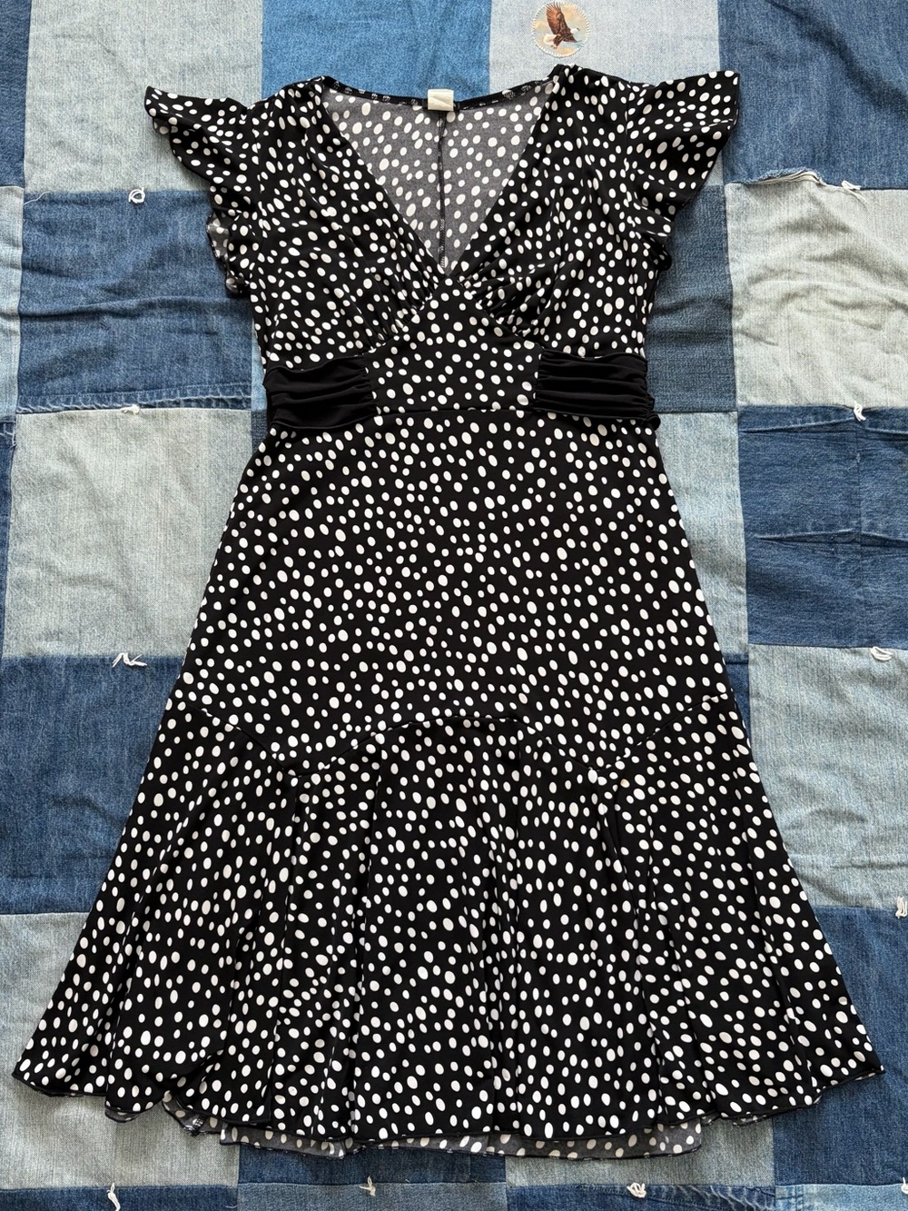 Y2K vintage Maurice’s polka dot black white midi dress tie back stretch size L
